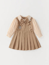 1pc Girls Preppy Style Bow Decor Faux 2-Piece Pleated Long Sleeve Dress, Spring/Fall